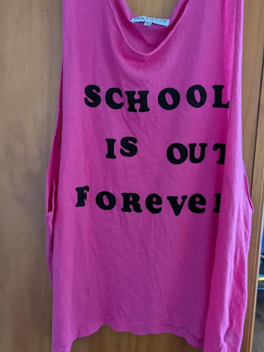 Wildfox pink muscle tank top Size M says "School is out forever"